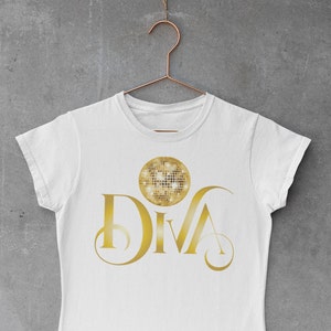 Funky Disco Era Inspired T-Shirt, Featuring Disco Ball and Diva Text, Vintage Vibe for Retro Style Fans