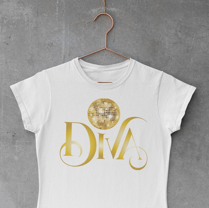 Funky Disco Era Inspired T-Shirt, Featuring Disco Ball and Diva Text, Vintage Vibe for Retro Style Fans