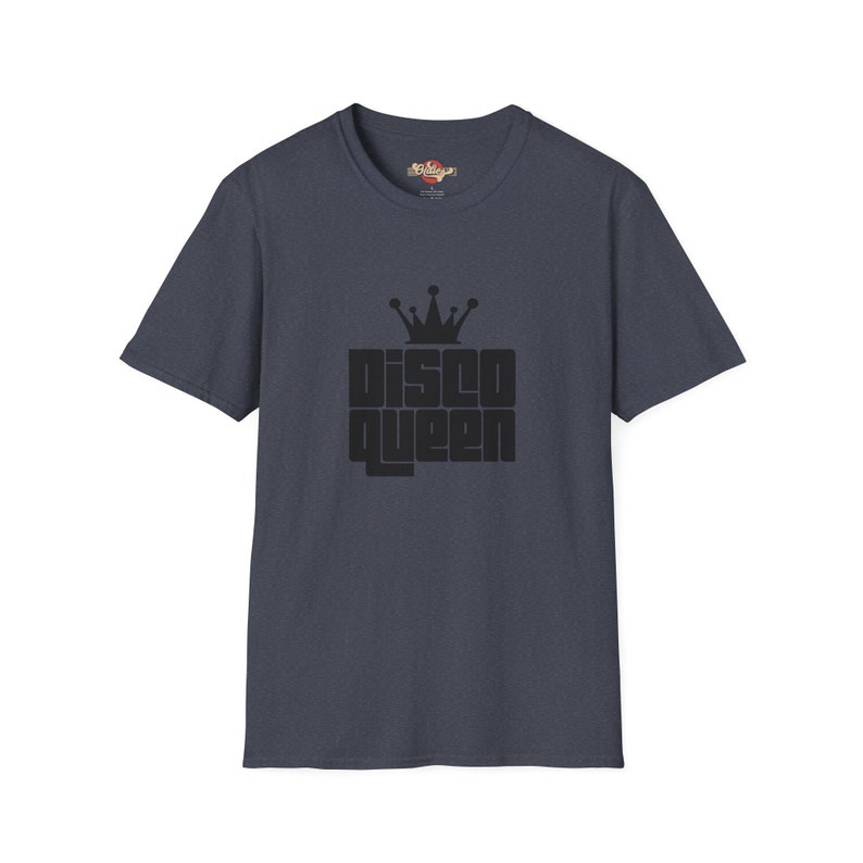 Heather Navy Disco Queen Tee offering a stylish nod to the 70s with its retro crown and dance-inspired lettering design.