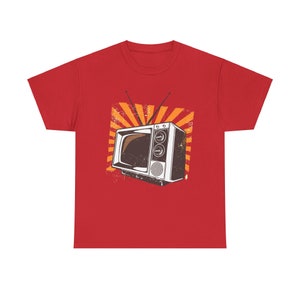 Red vintage television design tee, perfect for those who appreciate media history fashion