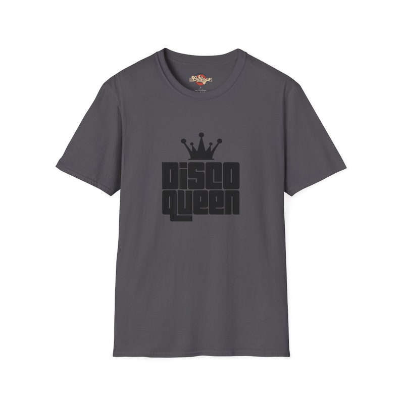 Charcoal Disco Queen Tee with a bold statement design, channeling the vibrant energy of 70s disco nights.
