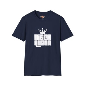 Navy Disco Queen T-shirt featuring the timeless elegance of 70s disco typography paired with a regal crown graphic.