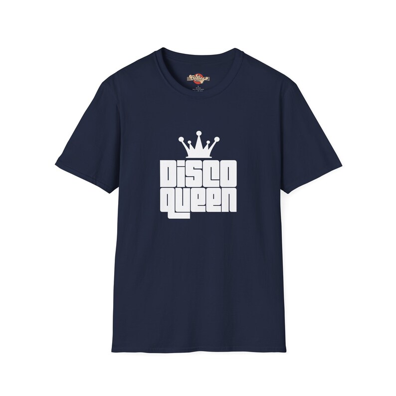 Navy Disco Queen T-shirt featuring the timeless elegance of 70s disco typography paired with a regal crown graphic.