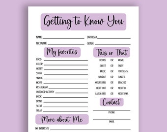 Get To Know You, Getting to know you page, Get to know you printable, All about me,