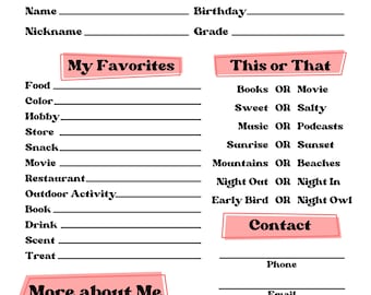 Get To Know You, Getting to know you page, Get to know you printable, All about me