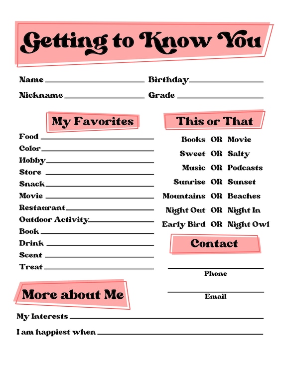 Get to know you, getting to know you page, get to know you printable, all  about me