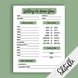 Editable Get To Know You, Getting to know you page, Get to know you printable, All about me,