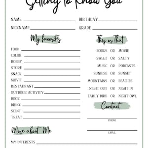 Get To Know You, Getting to know you page, Get to know you printable, All about me,