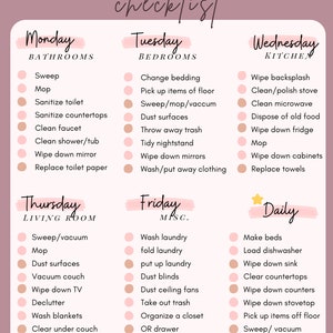 May include: A pink and white checklist for cleaning a home. The checklist is divided into daily, weekly, and monthly tasks. The tasks include cleaning the bathroom, bedroom, kitchen, living room, and miscellaneous tasks.