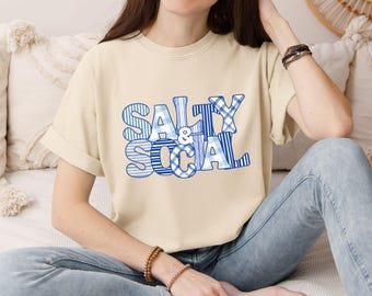Salty and Social Summer TShirt, Striped Beach Shirt, Trendy Oversized Vacation Shirt, Gift for Her, Beach Vibes, Girl Summer Look