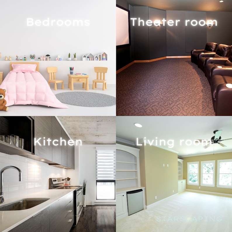 Shows multiple rooms that the glow in the dark stars paint can be applied. Kitchen, theatre room, kitchen, living room.