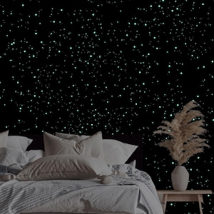 May include: A bedroom scene featuring a bed with white bedding and pillows. The wall behind the bed is black and covered in small, glowing green dots, resembling stars. A vase with dried plants sits on a small wooden table.
