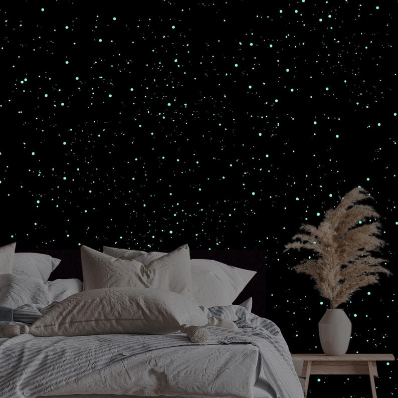May include: A bedroom scene featuring a bed with white bedding and pillows. The wall behind the bed is black and covered in small, glowing green dots, resembling stars. A vase with dried plants sits on a small wooden table.