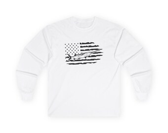 Distressed American Flag with Paddle Fish Long Sleeve Tee | Fishing Patriotic Shirt