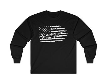 Amerikanische Flagge Paddlefish Snagging Langarm T-Shirt