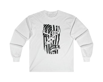 Langarm T-Shirt Deer Skull Bass Flag Distressed