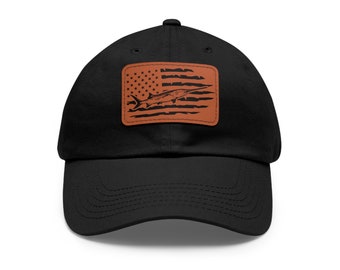 Amerikanische Flagge Paddlefish Snagging Angeln Dad Hat Cap mit Leder-Patch
