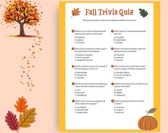 Fall Trivia Game Printable, Autumn Trivia, Kids Games, Printable Fall game, Kids Fall Activity, Autumn Games, Trivia Games For Kids