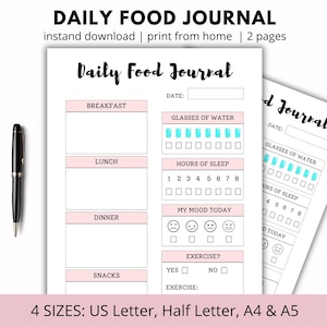 Daily Food Journal Printable, Daily Food Dairy, Daily Food Log, Food Journal Planner, Meal Journal, Weight Loss Journal, Mindful Eating