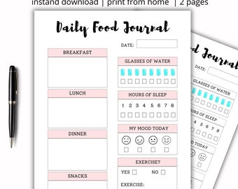 Daily Food Journal Printable, Daily Food Dairy, Daily Food Log, Food Journal Planner, Meal Journal, Weight Loss Journal, Mindful Eating