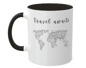 Travel Awaits World Map Mug, Coffee Mugs, Ceramic Mug, Unique Coffee Mugs, Custom Mugs, Travel Gifts, Coffee Lover, Cute Mugs, 11oz