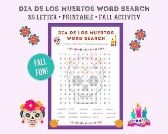 Dia de los Muertos Word Search Printable, Dia de los Muertos Activity, Games for Kids, Day of the Dead Word Search, Kids Activity, Fall game