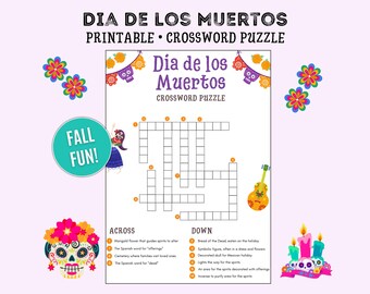 Dia de los Muertos Crossword Puzzle Printable, Dia de los Muertos Activity, Games for Kids, Day of the Dead Crossword Puzzle, Kids Activity