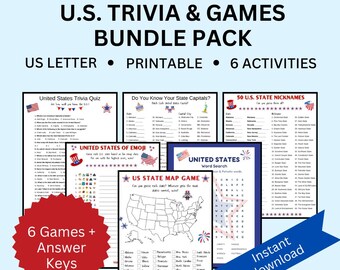 United States Patriotic Trivia & Games Bundle, US Trivia, USA game, Patriotic Word Search, Patriotic games, July 4th games, Printable games