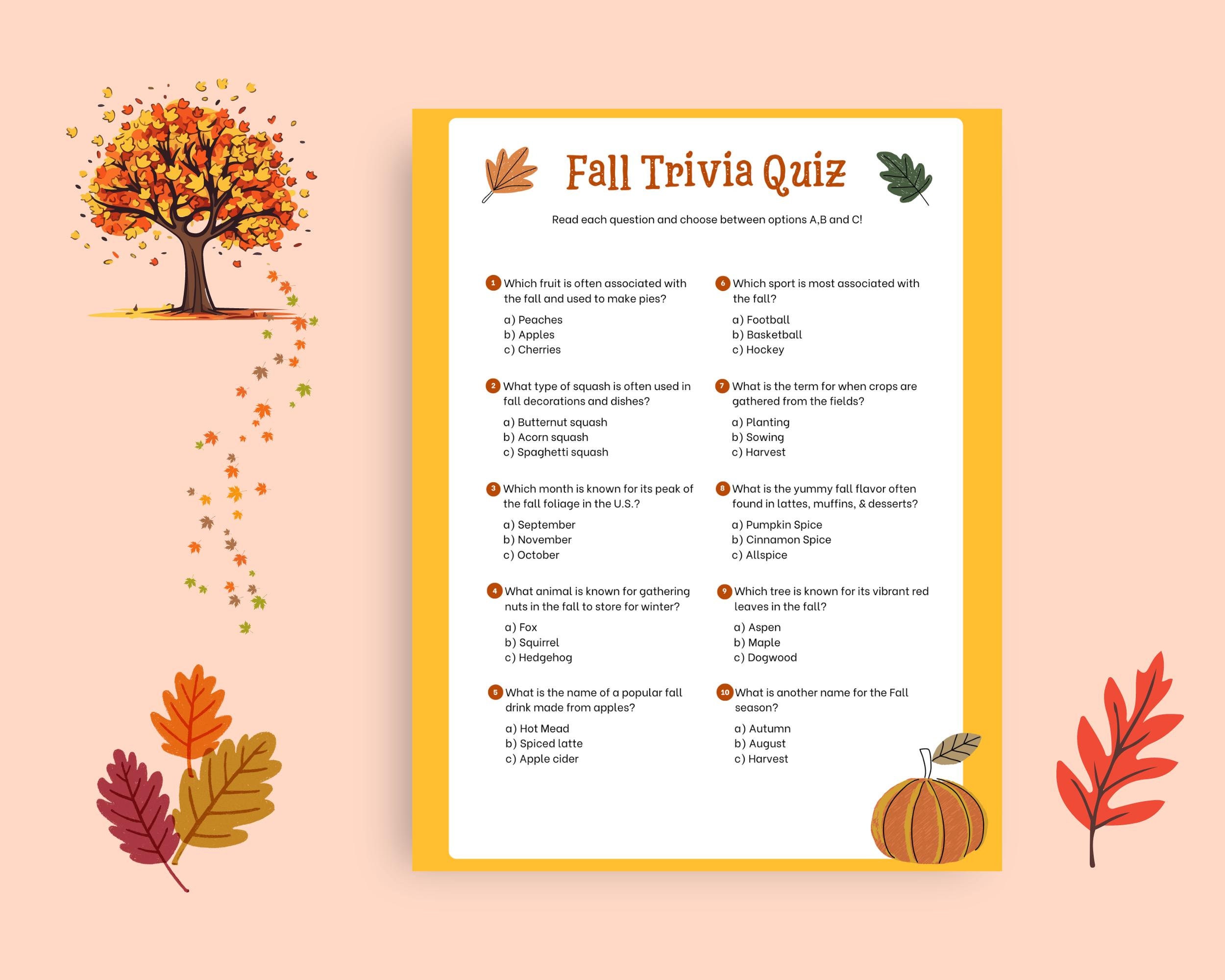 Fall Trivia Game Printable, Autumn Trivia, Kids Games, Printable Fall ...