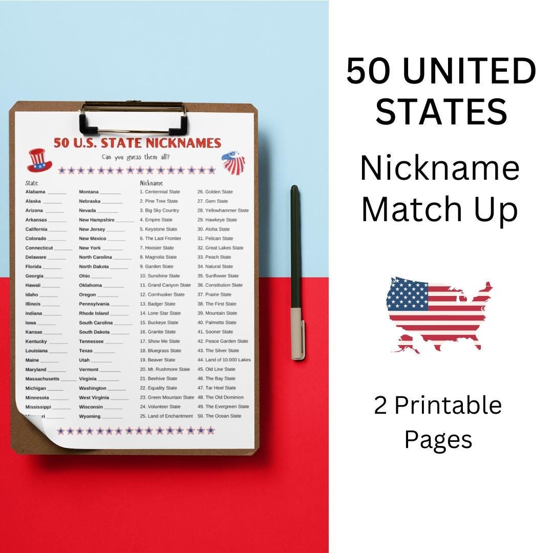 50 States Nickname match up, USA game, United States trivia, USA Geography activity, Patriotic games, July 4th games, USA State Quiz