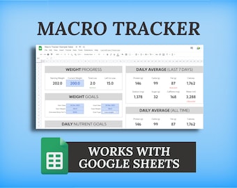 Hoja de cálculo de seguimiento de macros y pérdida de peso para Google Sheets / Planificador de comidas digital, creador de recetas, registro de calorías