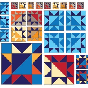 May include: A collection of 16 quilt blocks with various geometric patterns in shades of blue, red, orange, yellow, and cream. The blocks are arranged in a grid pattern.