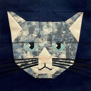 May include: A blue and white patchwork cat face with black whiskers. The cat's eyes are blue and the nose is pink.