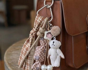 Cozy White Bear Houndstooth Bag Charm, Neutral Aesthetic Chunky Keychain, Cute Bag Charm,  Mom Gift, Backpack Charm, Y2K Aesthetic