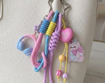 Pastel Kawaii Bear Headphones Bag Charm, Kidcore Backpack Accessory, Cute Paracord Keyring, Y2K Aesthetic Purse Accessory, Pop Art Gift
