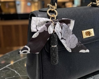 Dazzling Rhinestone Spray Bottle for Handbags, Floral Pattern Ribbon, Luxury Accessory, Gift for Her,  Black and White Floral Bow Keychain
