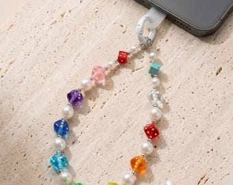 Rainbow Dice & Faux Pearl Beaded Phone Charm, Y2K Playful Phone Lanyard, Colorful Beaded Phone Strap, Quirky Aesthetic Tech Accessory