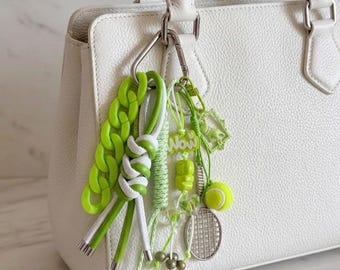 Tennis Bag Charm, Sporty Chic Green & White Tenniscore Keychain, Preppy Racket and Ball Purse Clip, Y2K Athletic Tote Bag Accessory