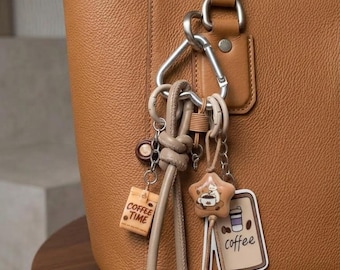 Llavero con mosquetón para amantes del café, llavero con estética de cafetería, accesorio para bolso