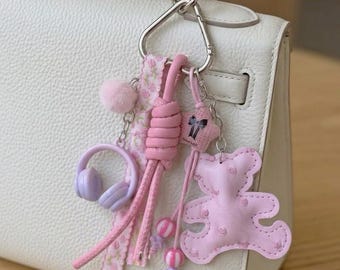 Pink bear and headphones Keychain, Cute Bag Charm,  Mom Gift, Backpack Charm, Y2K Aesthetic
