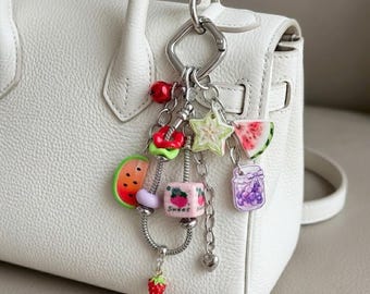 Watermelon, Grape Chunky Bag Charm, Y2K Kawaii Fruit Keychain, Maximalist Starfruit Purse Clip, Cute Summer Backpack Accessory, Teen Gift