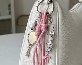 Kawaii pink mirror Bag Charm, Y2K Aesthetic Keychain with Mini Jar, gift for her