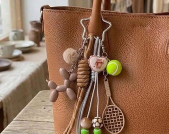 Tennis Core Kawaii Bear Bag Charm - Chunky Brown Knotted Keychain - Balloon Dog & Racket Tote Accessory - Preppy Y2K Bag Strap