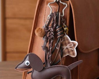 Quirky Brown Dachshund Leather Bag Charm, Wiener Dog Keychain with Star Clasp, Boho Lanyard, Dog Lover Gift