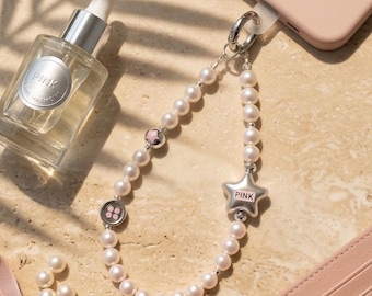 Handmade Beaded Phone Charm Wristlet, Kawaii Pink Flower and faux Pearl Phone Strap, Y2K Trendy Phone Accessory - Best Friend Gift, Coquette