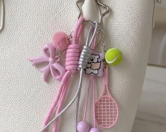 Maximalist Pastel Pink Bag Charm, Coquette Y2K Star Keychain, Chunky Fairycore Purse Accessory with Floral Tag, Pinwheels & Bows