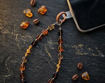 Espresso Amber Stone Beaded Phone Charm Lanyard, Warm Café Aesthetic, Boho Gold Glass Beads Phone Strap, Handmade Phone Accessory