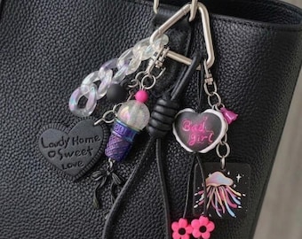 Dark Coquette Jellyfish Bag Charm - Pastel Goth Chunky Keychain - Edgy Y2K Tote Accessory - "Bad Girl" & Ice Cream Faux Leather Strap