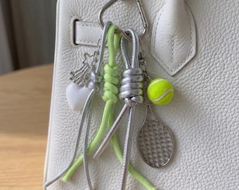 Tenniscore Bag Charm, Silver Racket & Neon Ball Keychain, Y2K Sporty Knotted Cord Accessory, Preppy Heart Backpack Clip