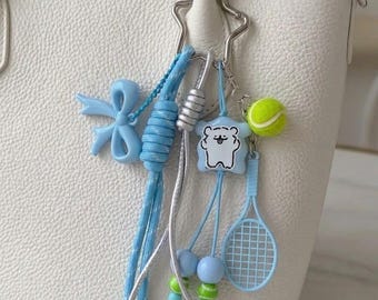 Baby Blue Tennis Core Bag Charm - Kawaii Bear & Coquette Bow Keychain - Preppy Y2K Tote Accessory - Chunky Knotted Bag Strap